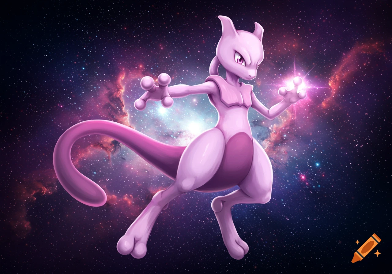 Shiny Mewtwo floats in space, surrounded by a galaxy.