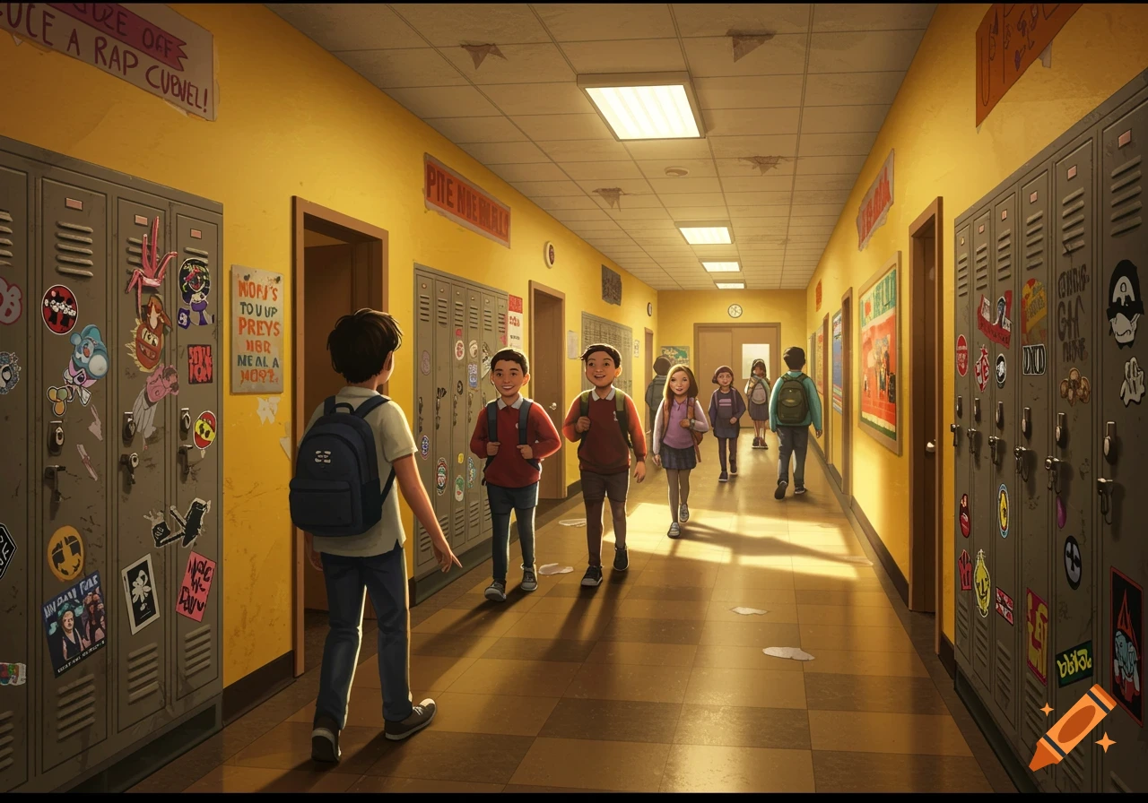 Students walk down a school hallway lined with sticker-covered lockers.