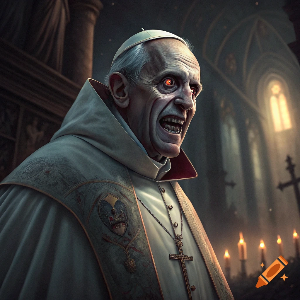 Monstrous vampire figure in papal robes with glowing red eyes and sharp teeth stands in a dark church.