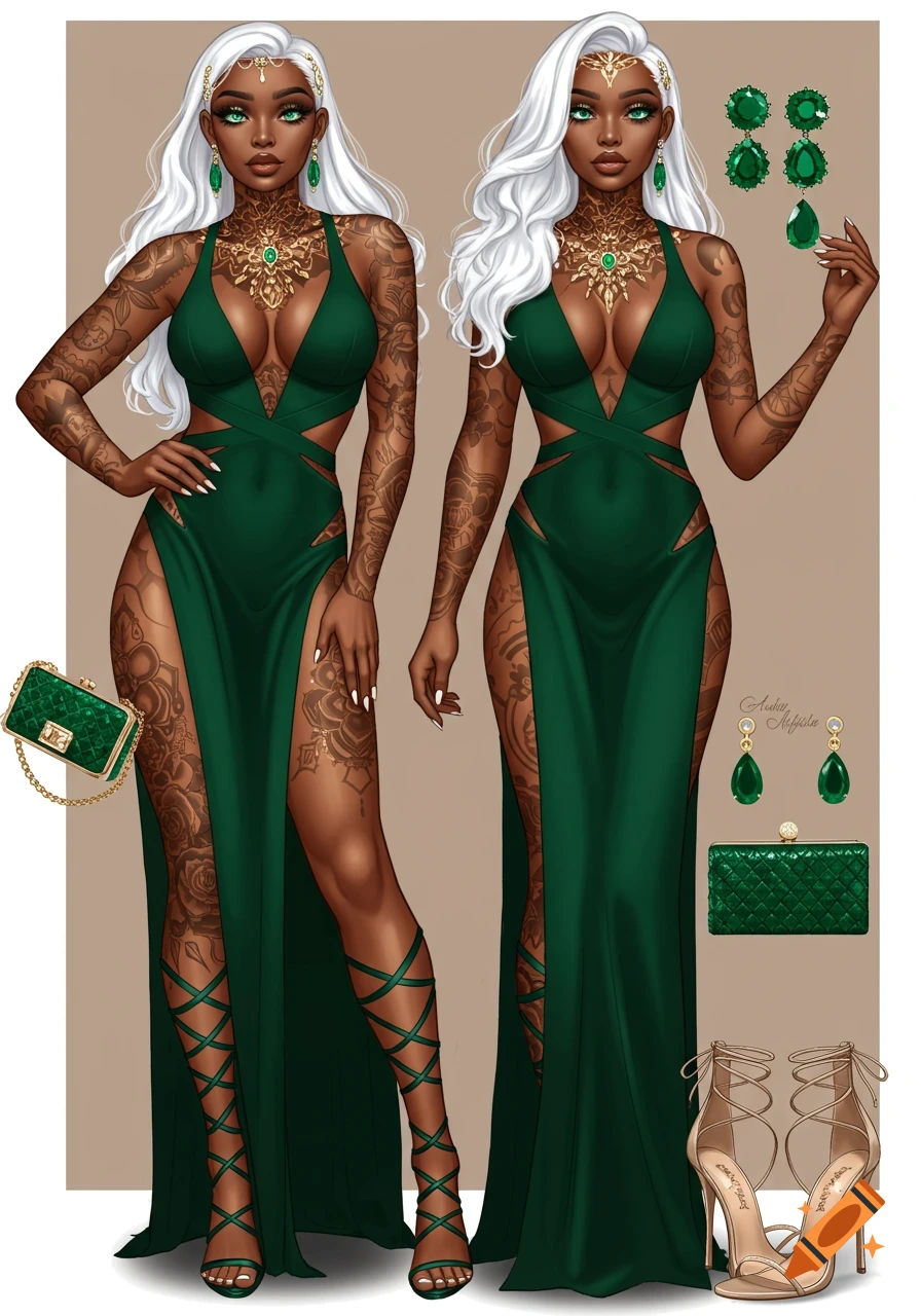 Stylized fashion illustration of a woman in a green cut-out gown with high slits, full-body tattoos, and accessories.