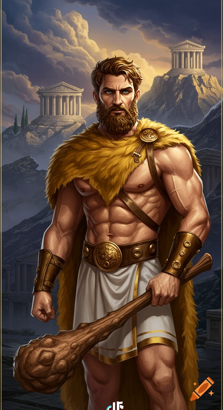 Muscular Heracles in fantasy art style, wearing lion skin, holding a club, with Greek temples and mountains in the background.
