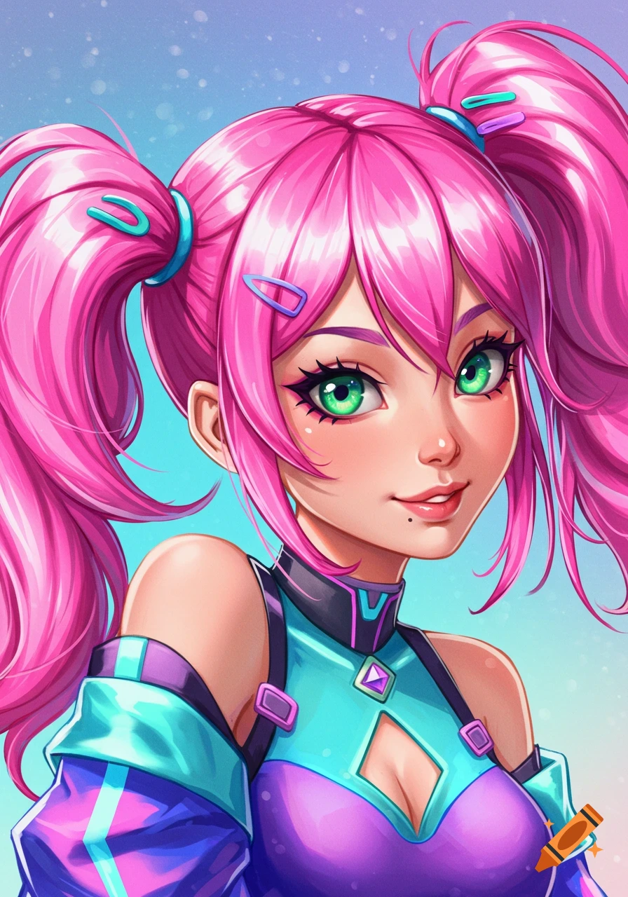 Close-up of a young woman with pink pigtails, green eyes, and cyber-style clothing, in an anime style.