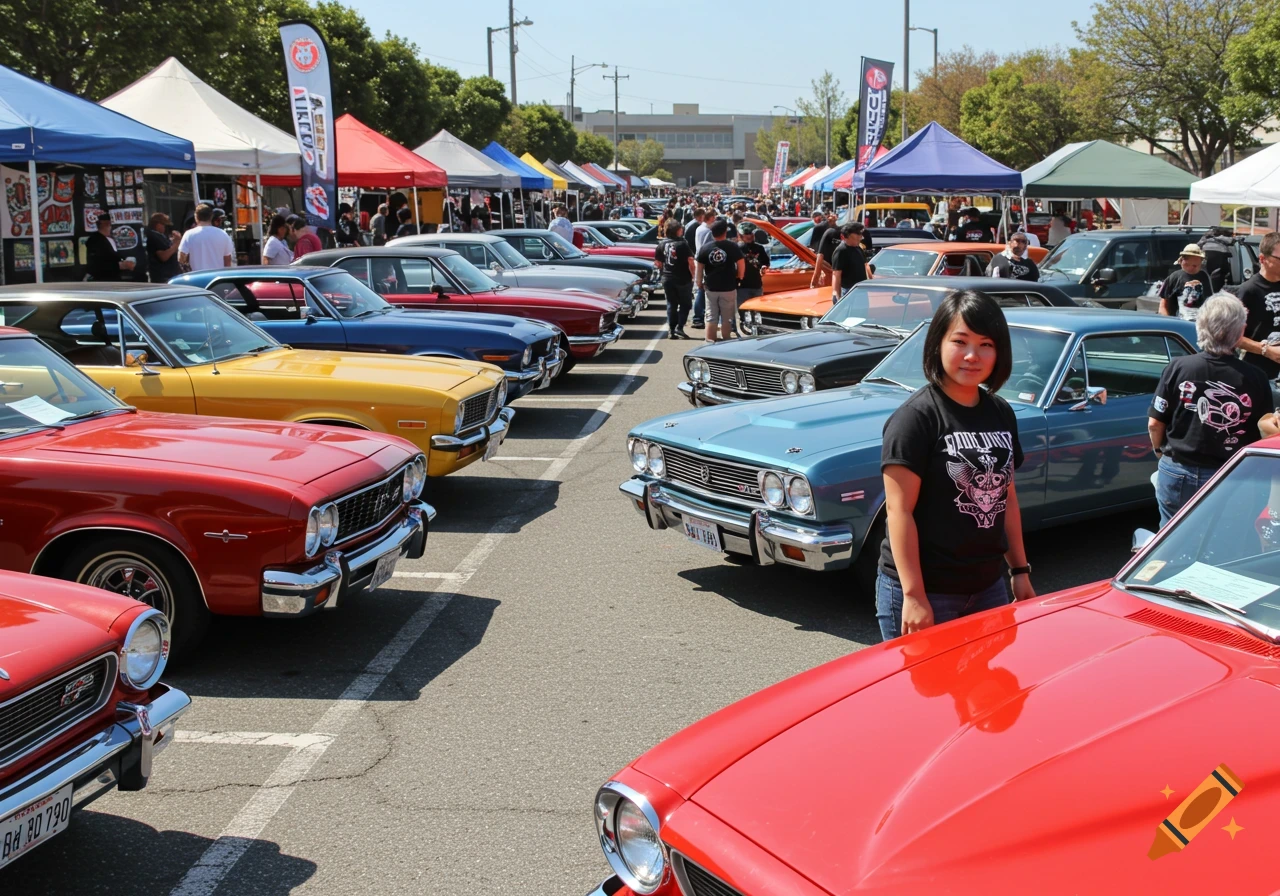 People look at classic cars parked in rows at an outdoor car show.