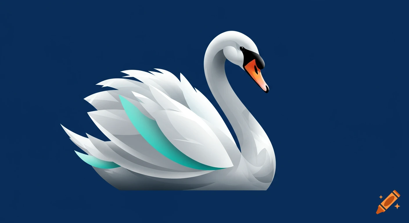 A stylized white swan with turquoise accents is depicted on a dark blue background.