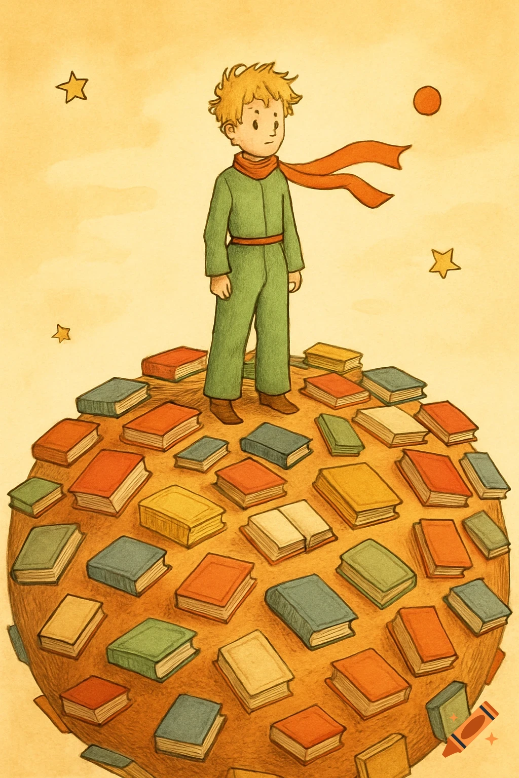 Illustration of The Little Prince standing on a small planet covered with books.