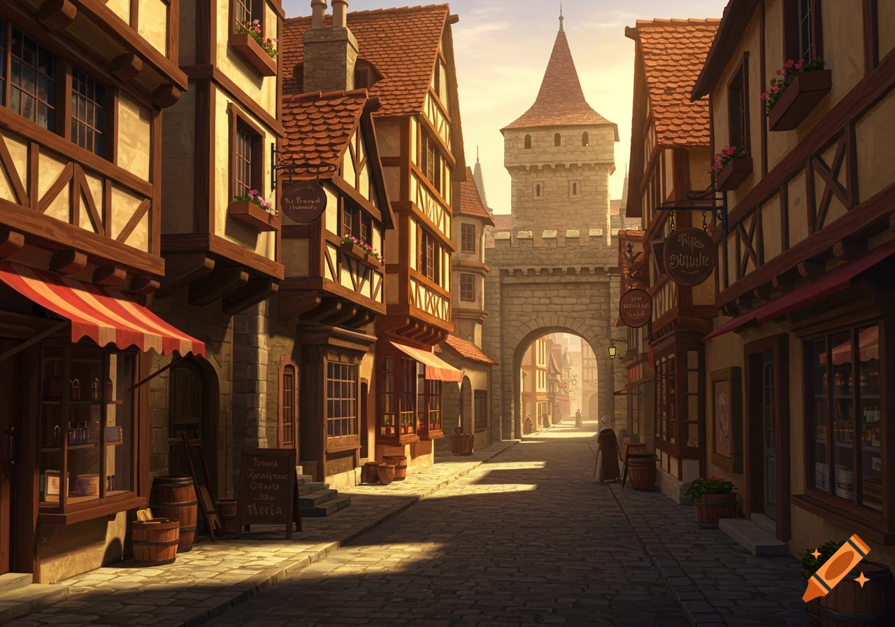 A medieval street with half-timbered buildings and a gatehouse at the end.