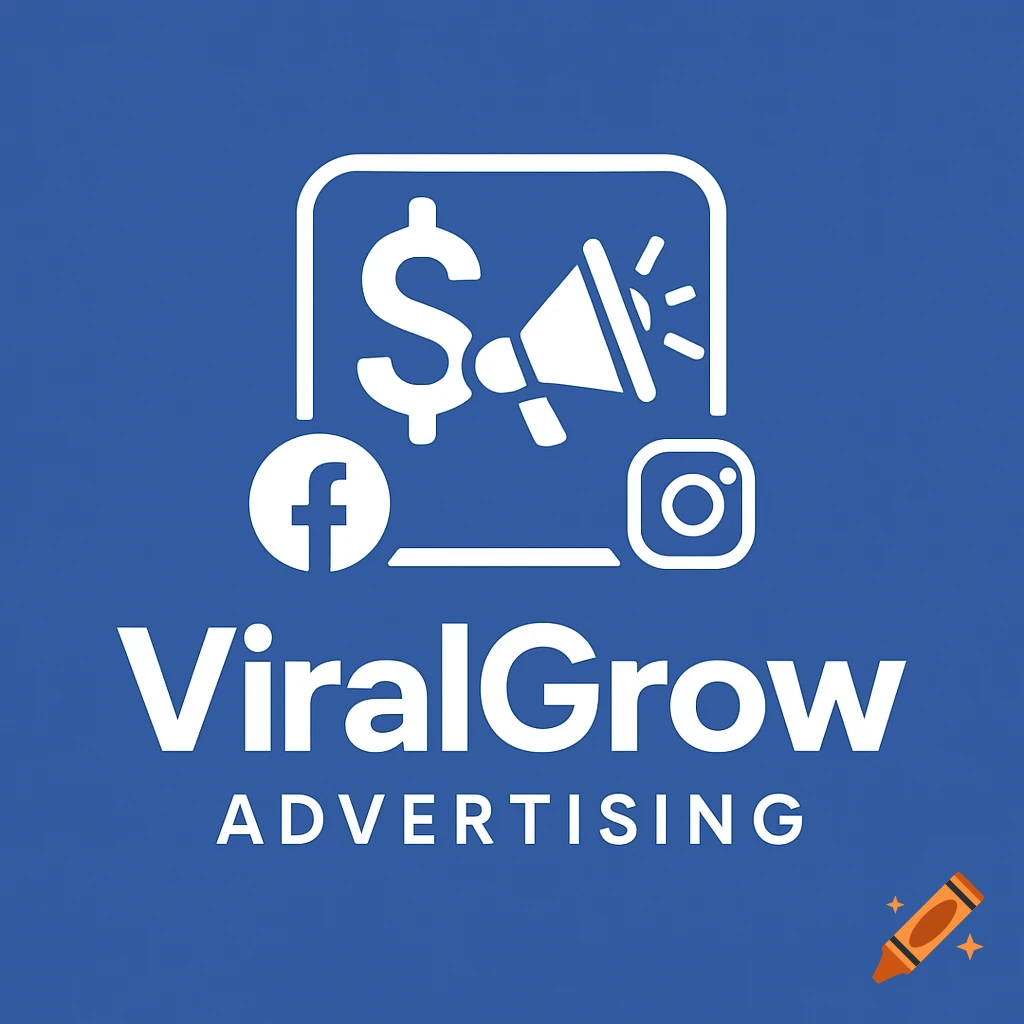 Logo on blue background with dollar sign, megaphone, Facebook, and Instagram icons and text "ViralGrow ADVERTISING".