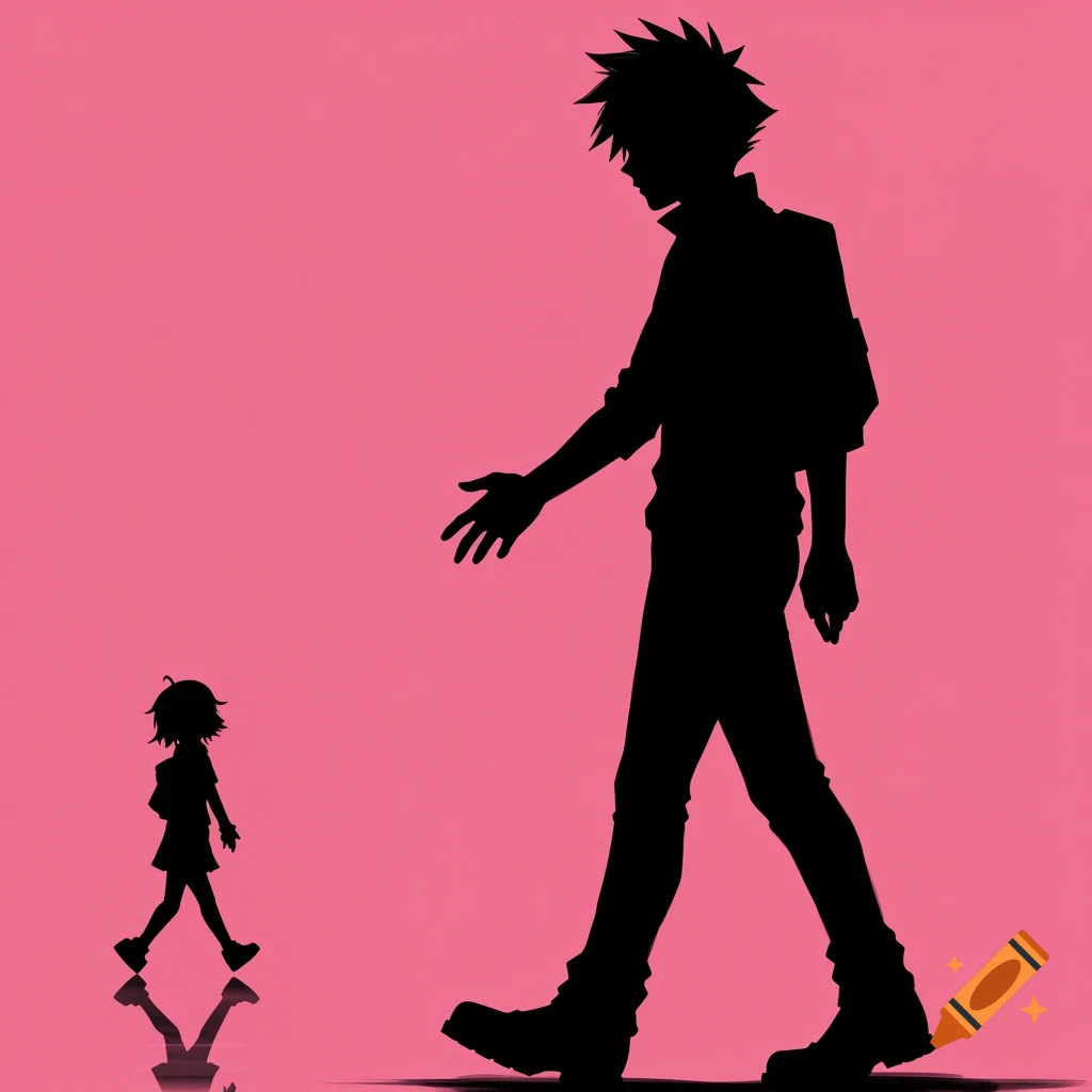 Silhouette of a tall man reaching towards a small woman walking away against a pink background.