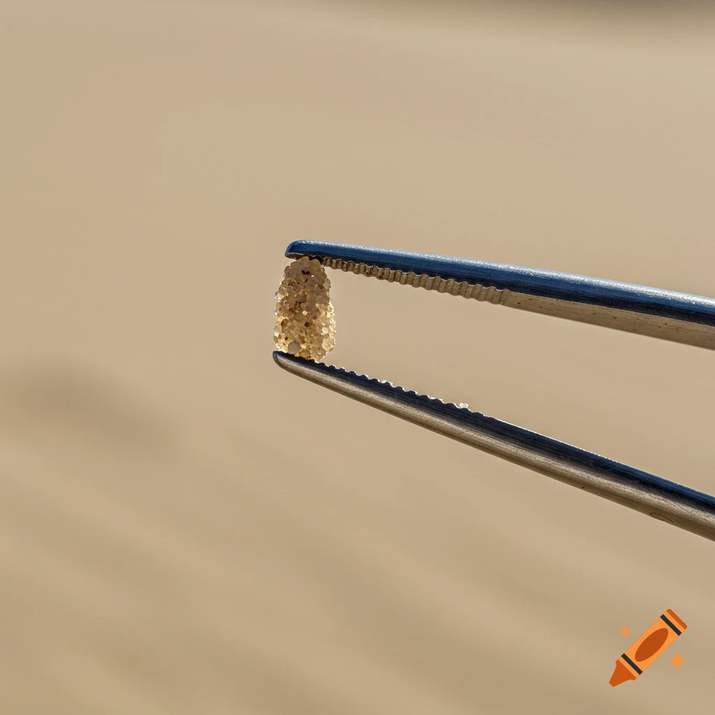 Close-up of tweezers holding a small textured object