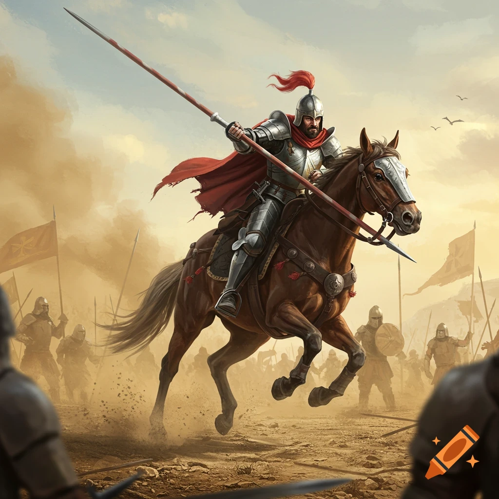 A knight on horseback charging with a lance in a dusty battle.