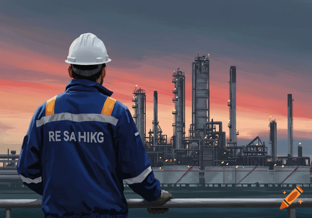 A worker in a hard hat and blue jacket looking at a petrochemical plant at sunset.