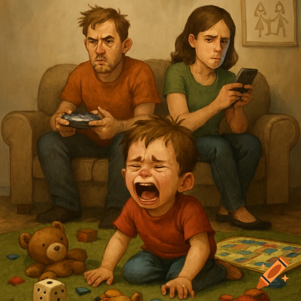 A crying child on the floor while parents are distracted by phone and game on the couch.