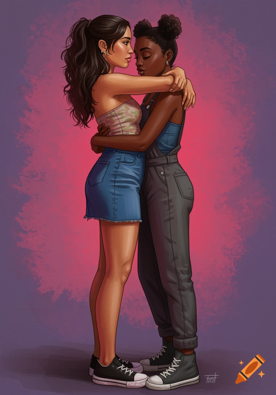 Illustration of two women embracing, one in a tube top and skirt, the other in a jumpsuit, against a pink and purple background.