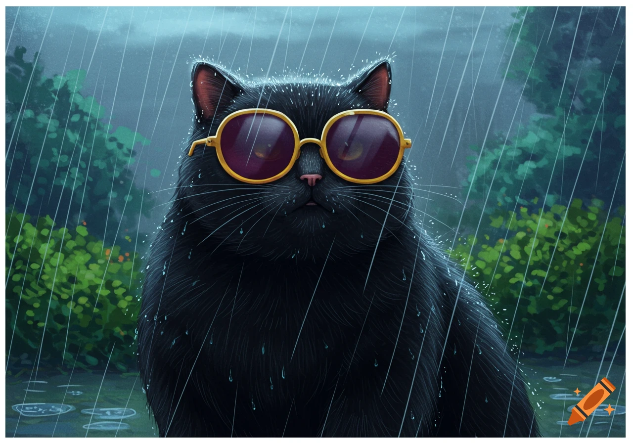 A black cat wearing sunglasses stands in the rain.