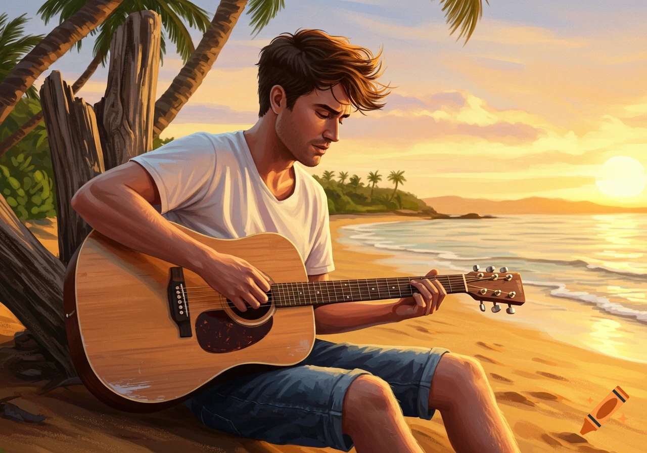 A man plays an acoustic guitar on a beach at sunset.