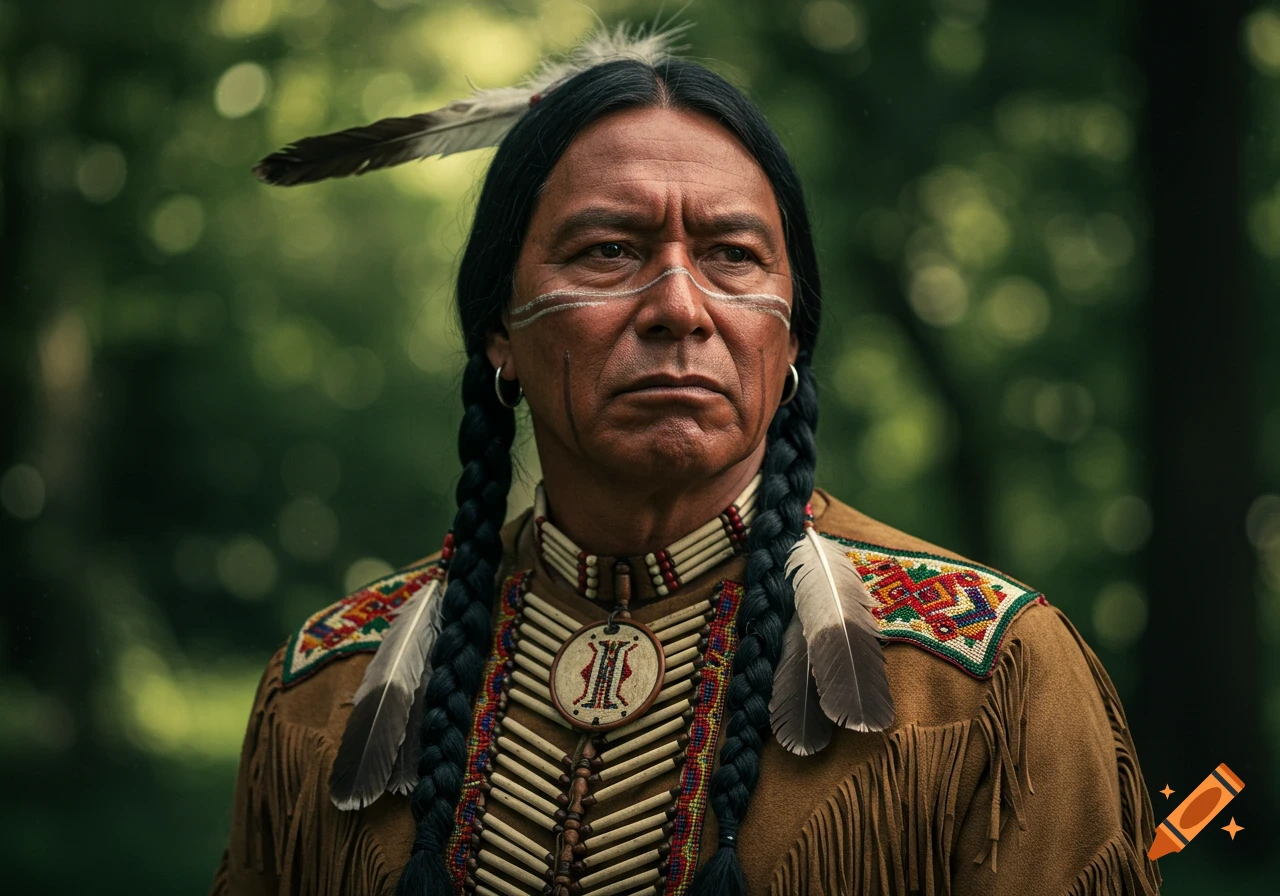 A man in traditional Native American attire with face paint, braids, and feathers stands outdoors.