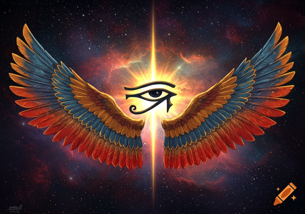Eye of Horus symbol with colorful feathered wings against a starry space background.