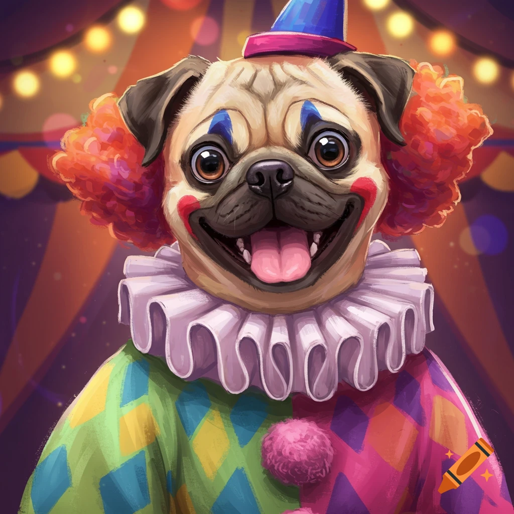A pug dog is dressed as a clown with face paint and ruffled collar in a circus tent.