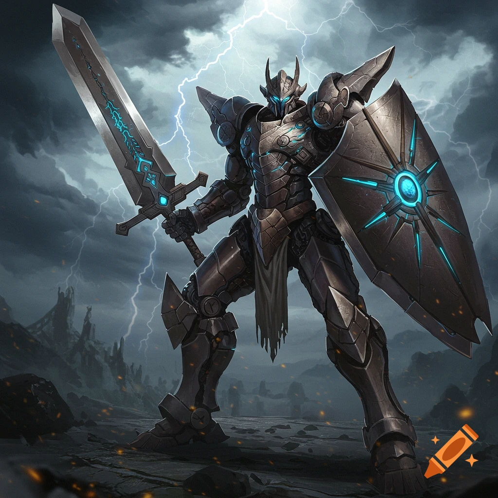 A dark armored mech holding a giant sword and shield in a stormy rocky landscape.