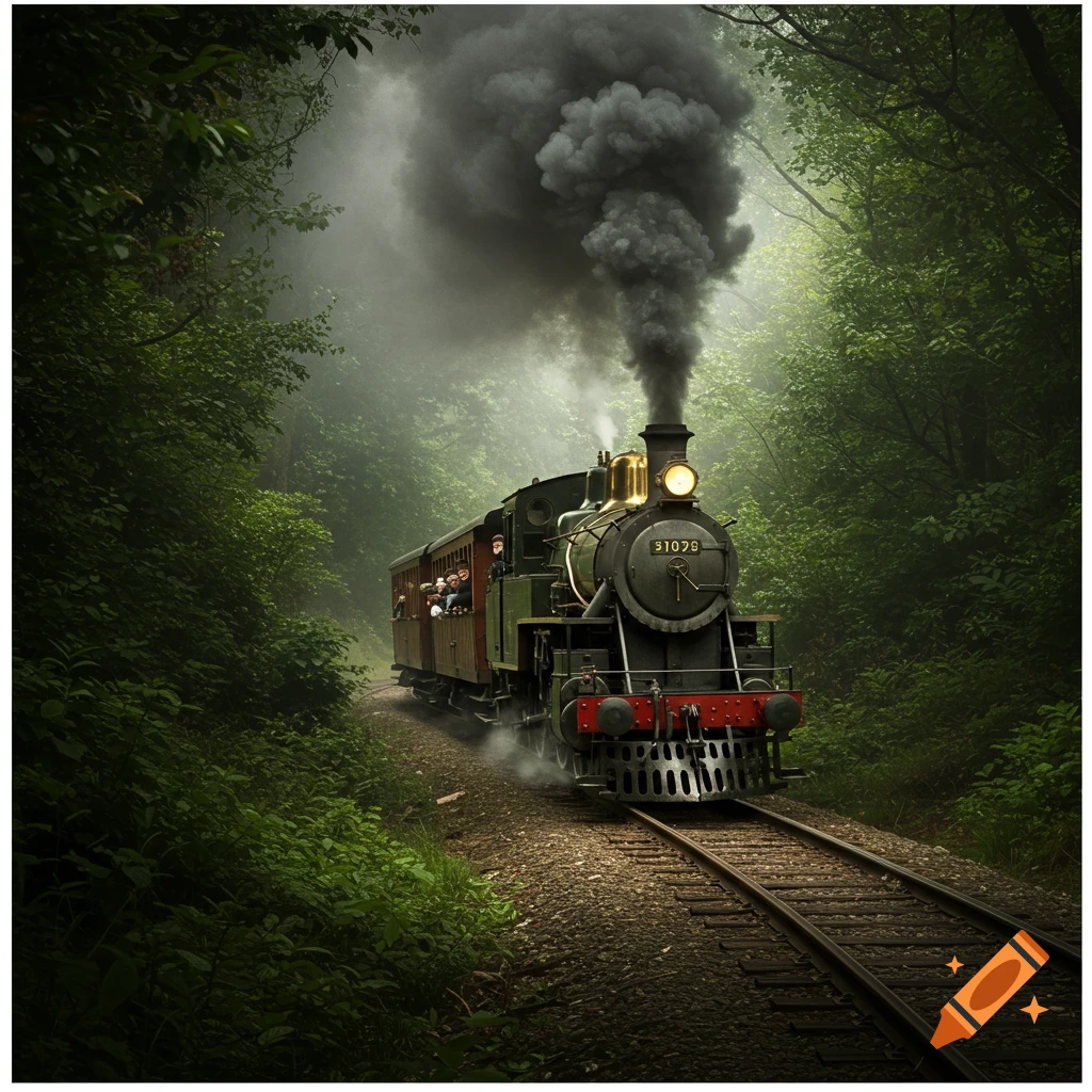 A steam train travels through a dense forest path.