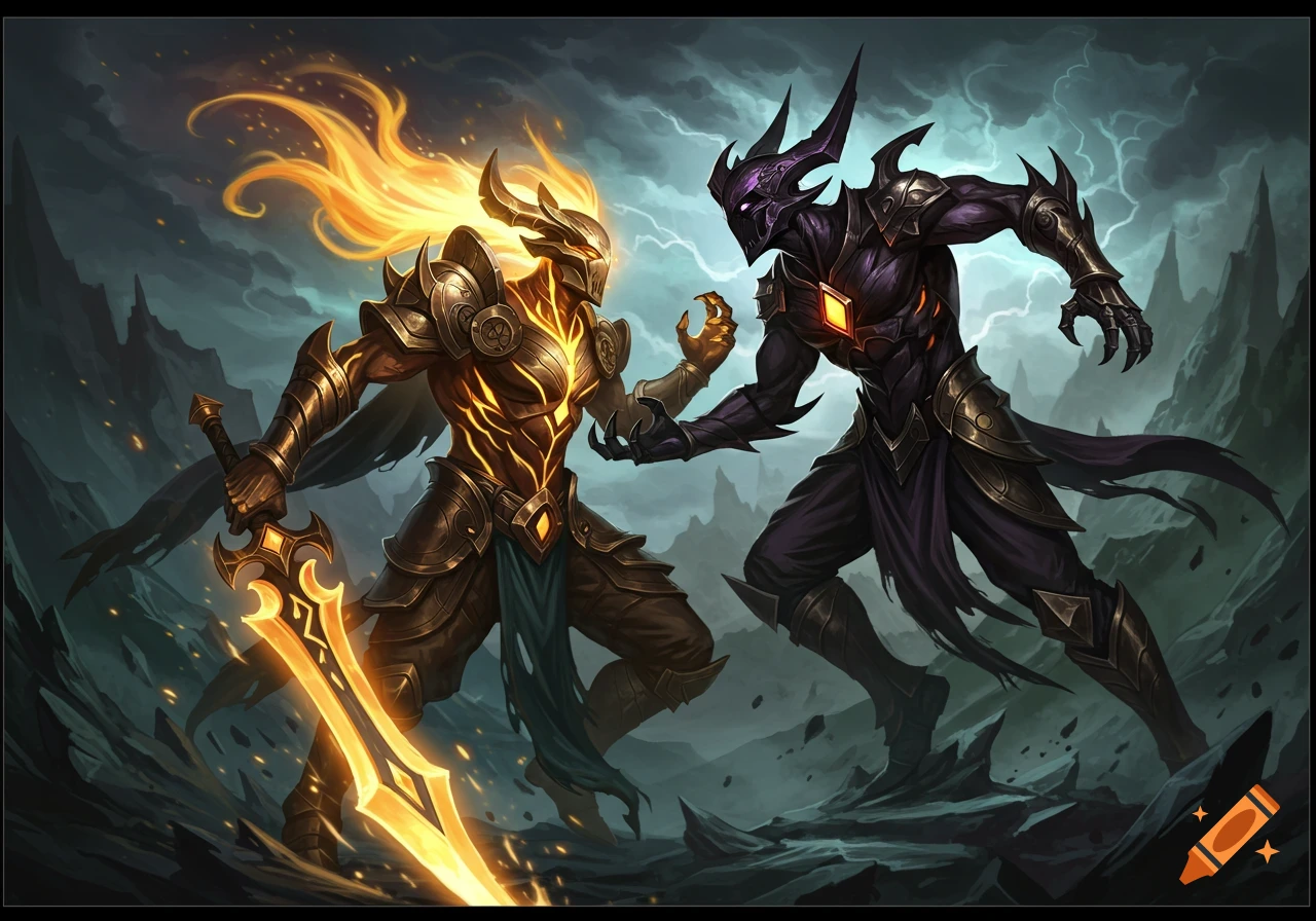 Two fantasy characters in armor fighting, one golden with fire hair and a glowing sword, the other dark and spiky.
