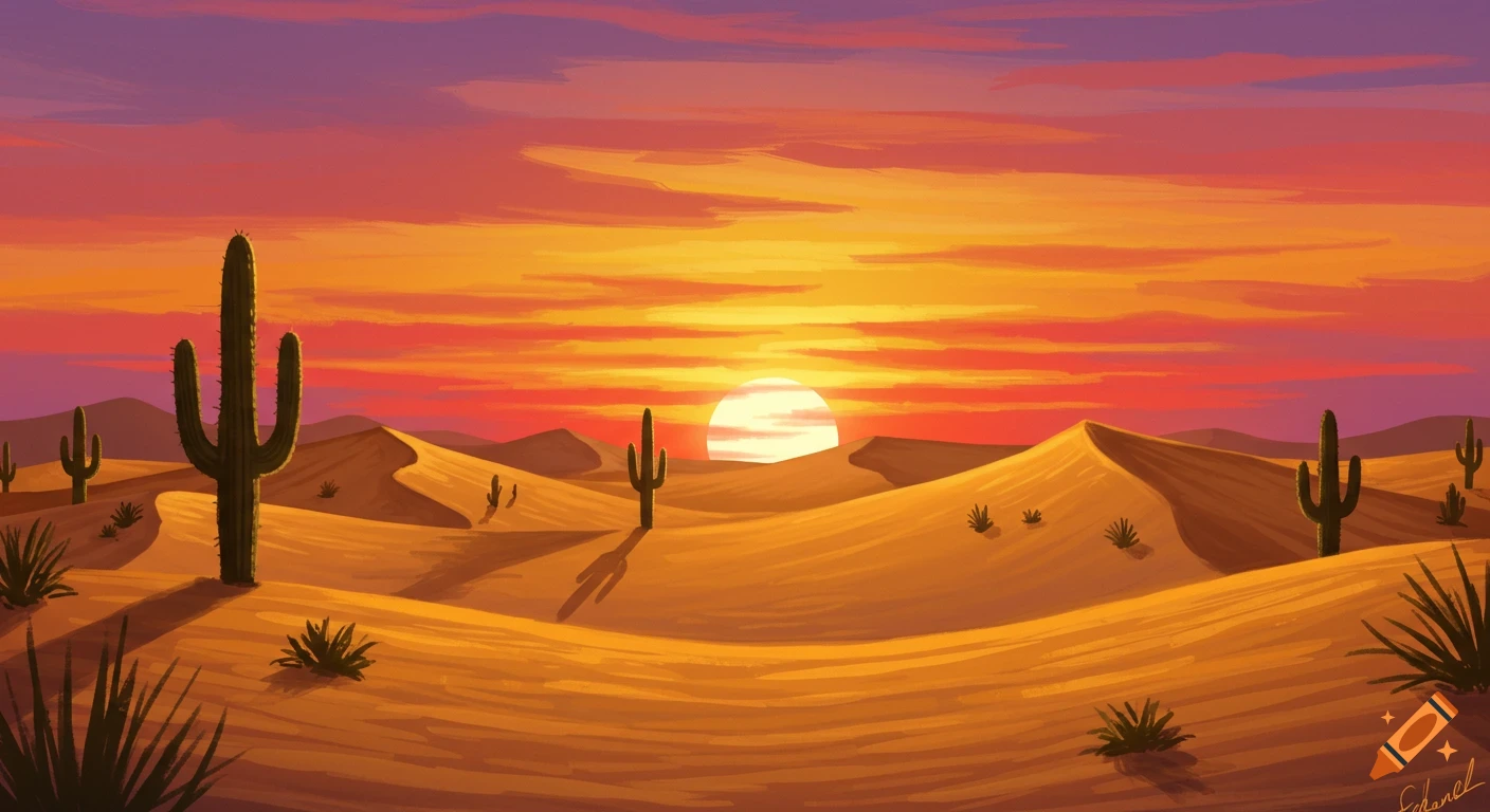 A desert landscape with saguaro cacti and sand dunes under a vibrant orange and purple sunset.