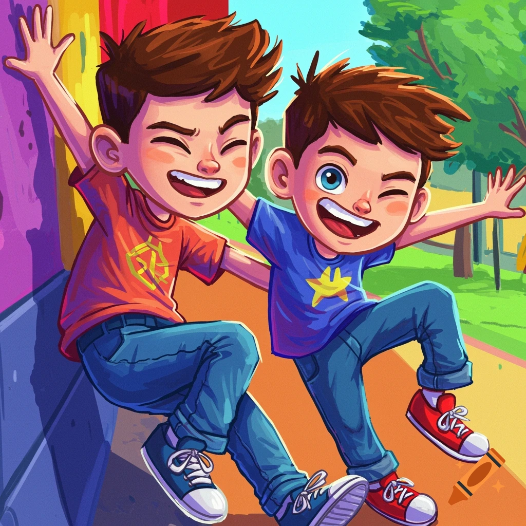 Two cartoon boys smiling and waving in a park next to a colorful wall.