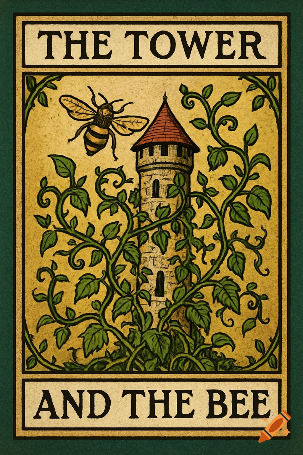 An old-fashioned pub sign depicting a tower, vines, a bee, and the text 'The Tower and the Bee'.