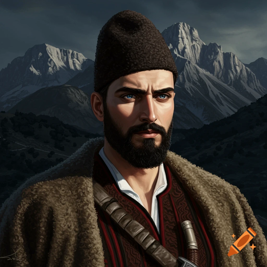 A man in traditional clothing and hat stands against a mountain landscape.