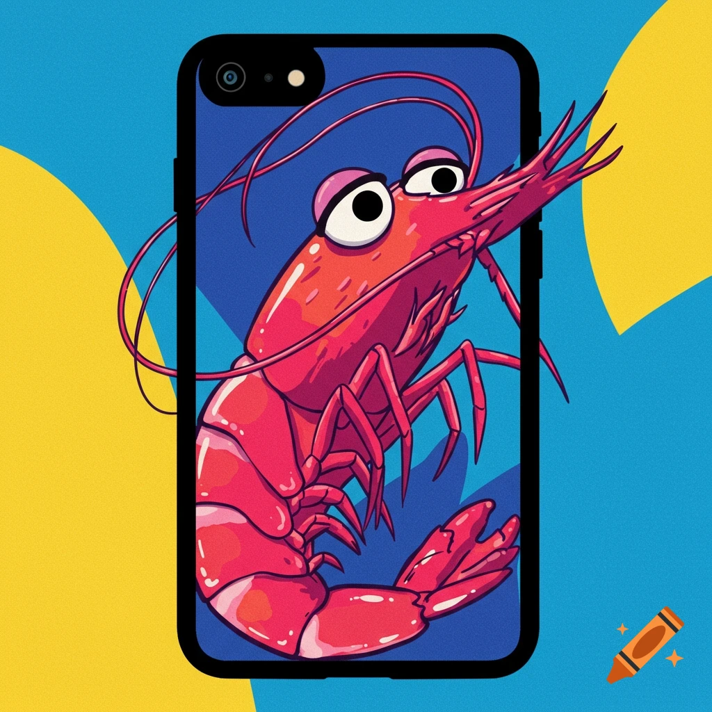 Colorful, bold illustration of a cartoon red shrimp in a phone case
