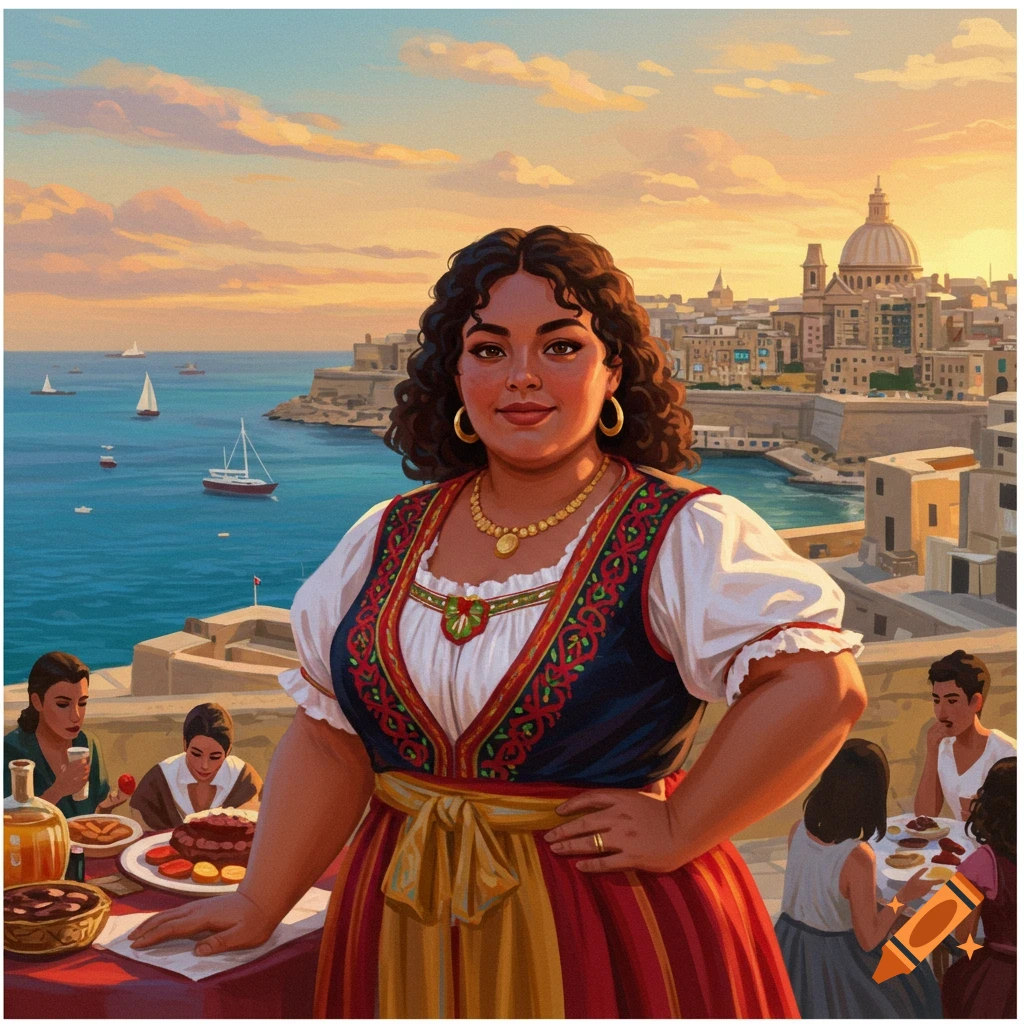 A woman in traditional Maltese clothing overlooks a harbor and city skyline at sunset.
