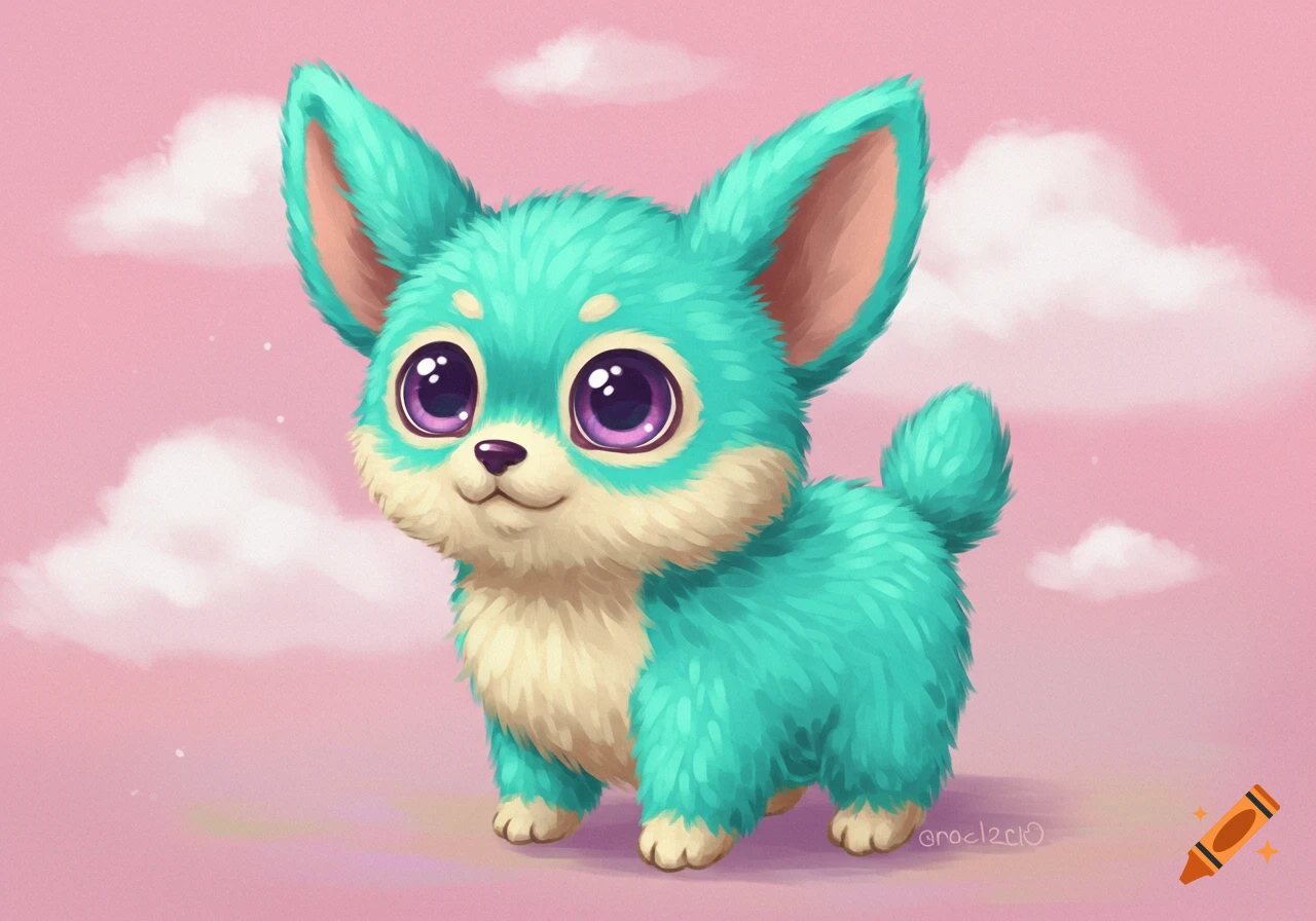 A cute, fluffy, teal fantasy creature with big purple eyes against a pink sky.