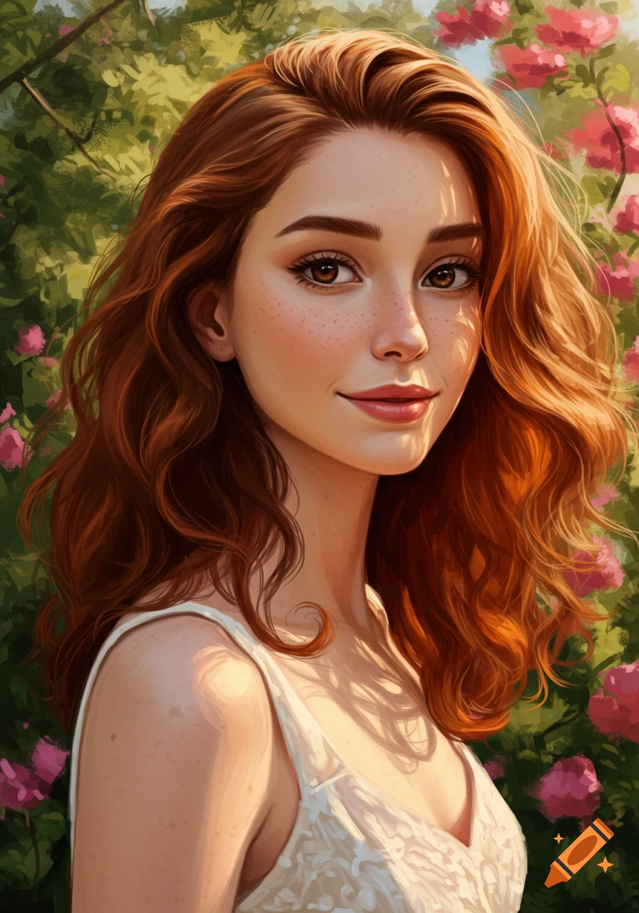 Painting of a woman with red hair and freckles in a white dress, surrounded by flowers.