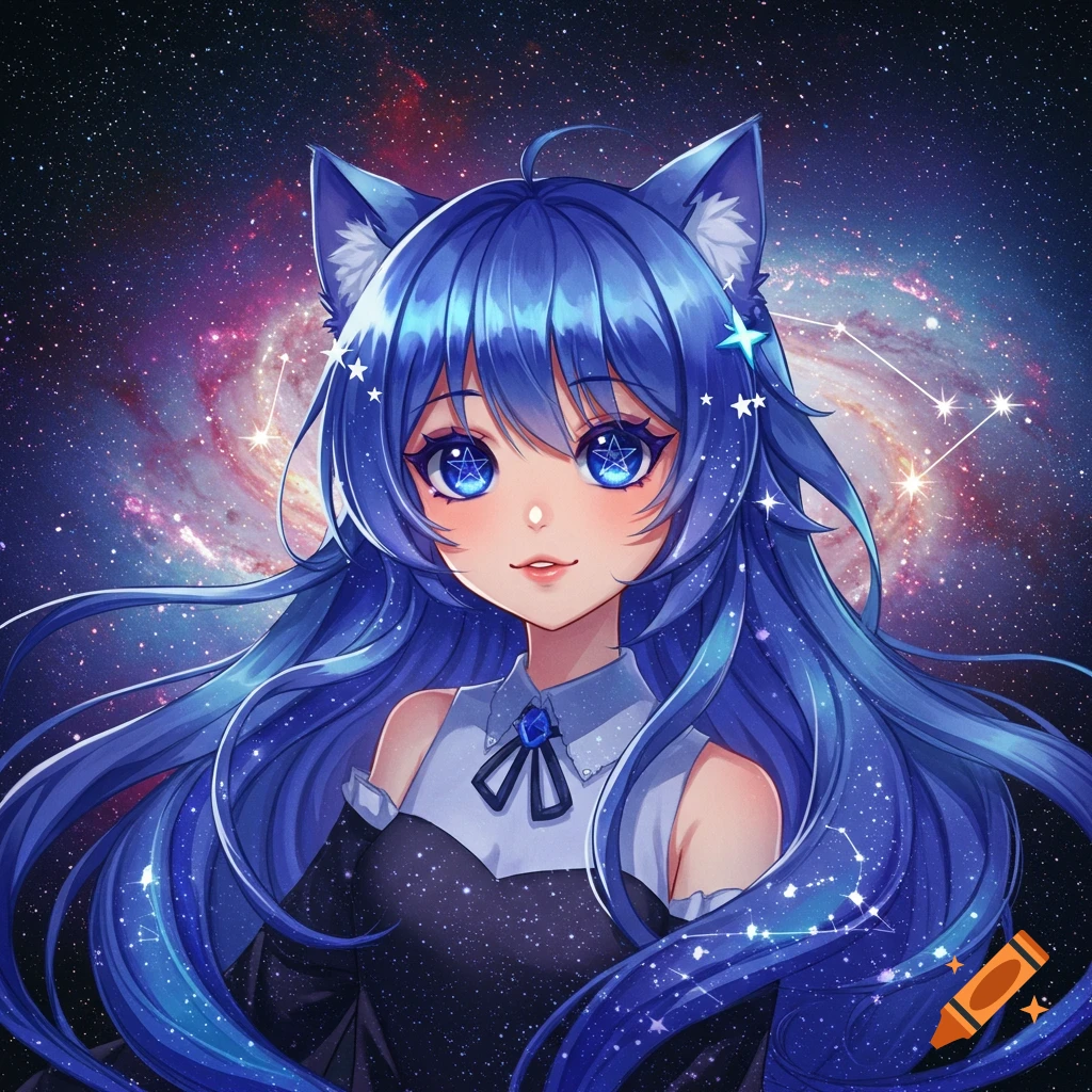 Anime girl with blue hair, cat ears, and starry eyes against a galaxy background.