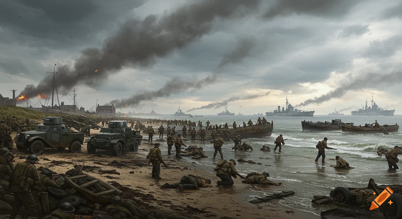 A World War II battle scene unfolds on a beach, depicting soldiers, vehicles, boats, and ships.