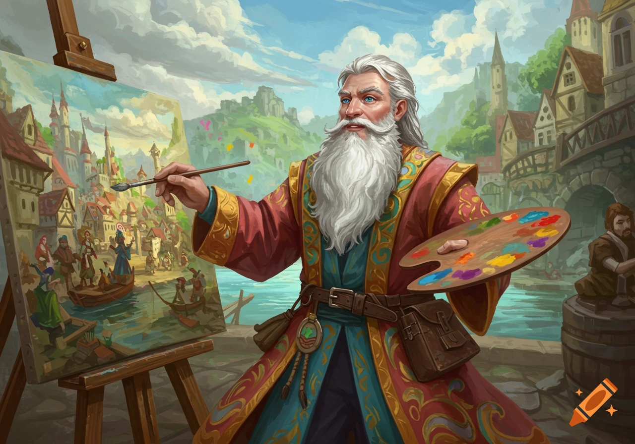 A wizard with a long beard paints a fantasy scene on a canvas.