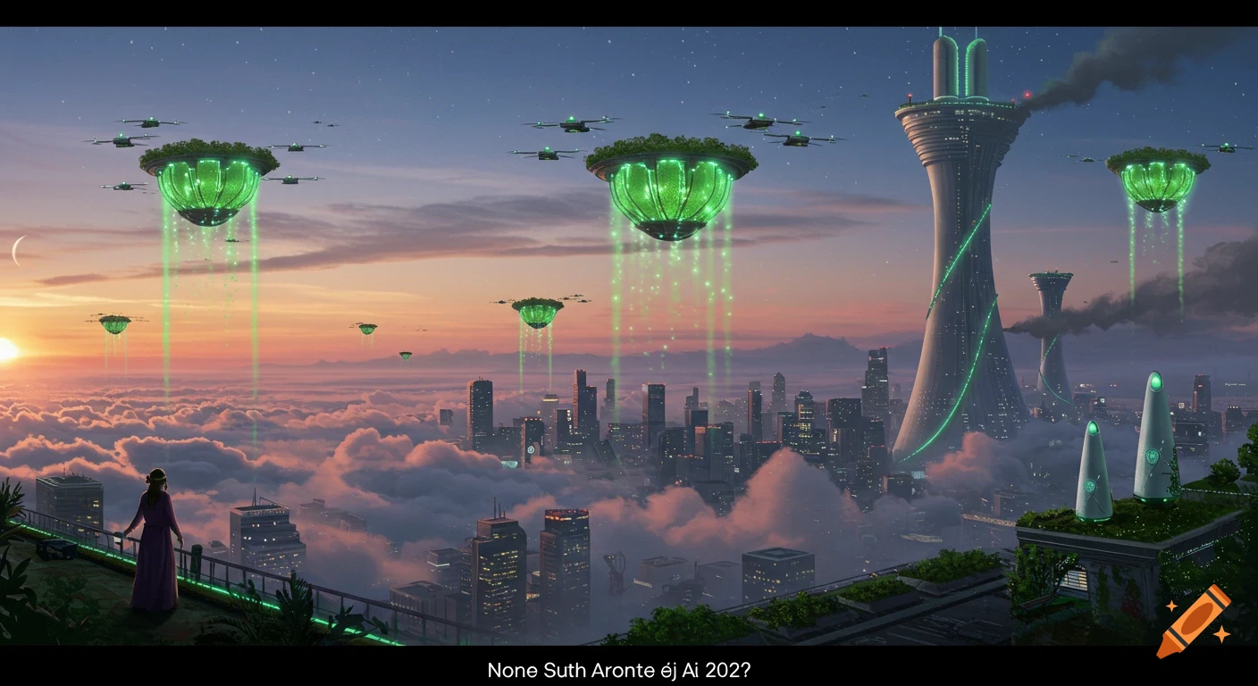 A futuristic city skyline at sunset with flying green bio-filters, tall towers, clouds, and a person on a balcony.