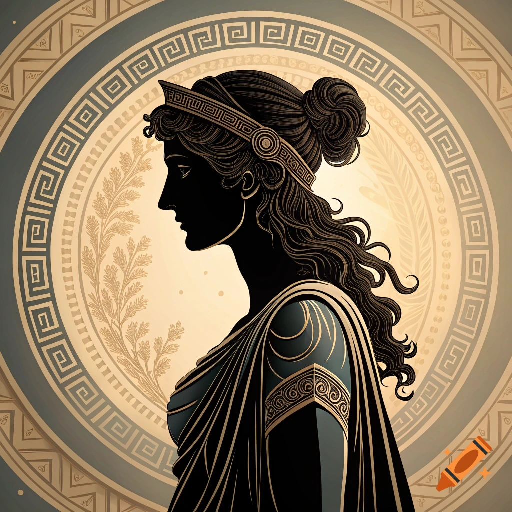 Silhouette of a woman in ancient Greek attire with decorative patterns.