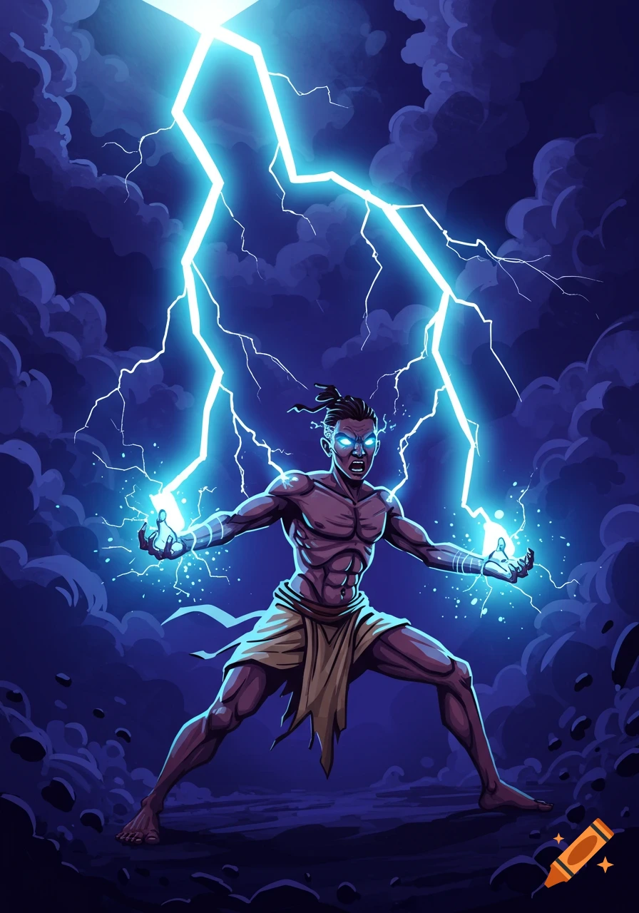 A muscular man is conjuring lightning bolts from his hands during a storm.