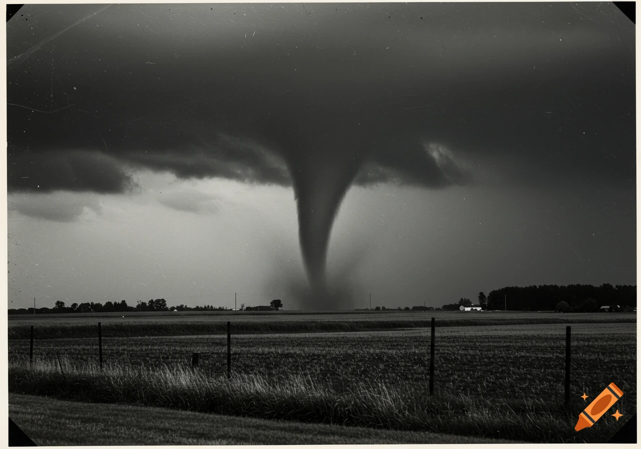 Black and white photo of a large tornado over a field.