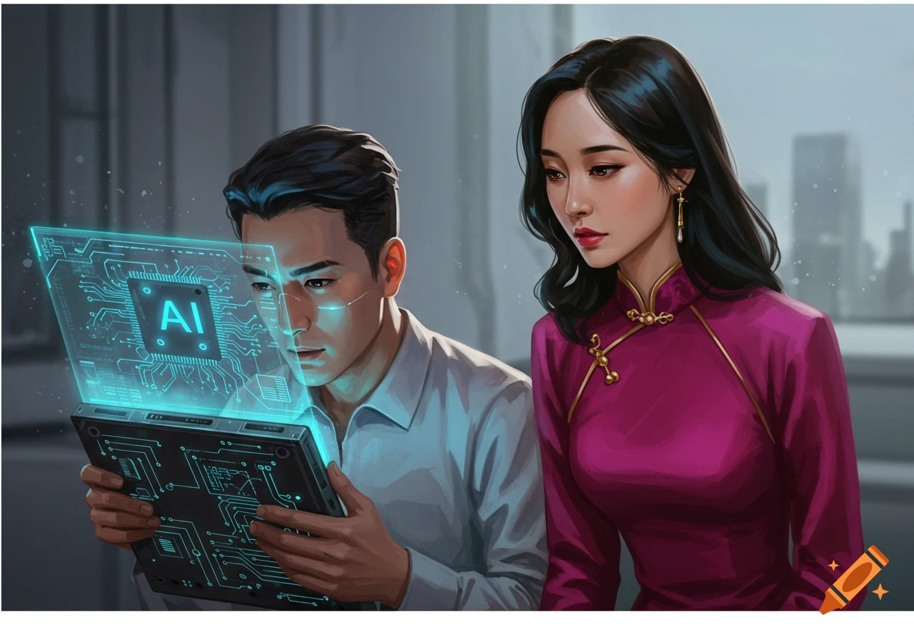 A man and woman looking at a glowing screen displaying AI circuitry.