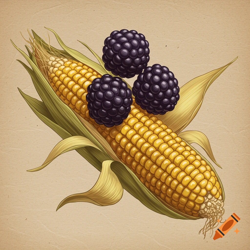 An ear of corn with three blackberries on top.