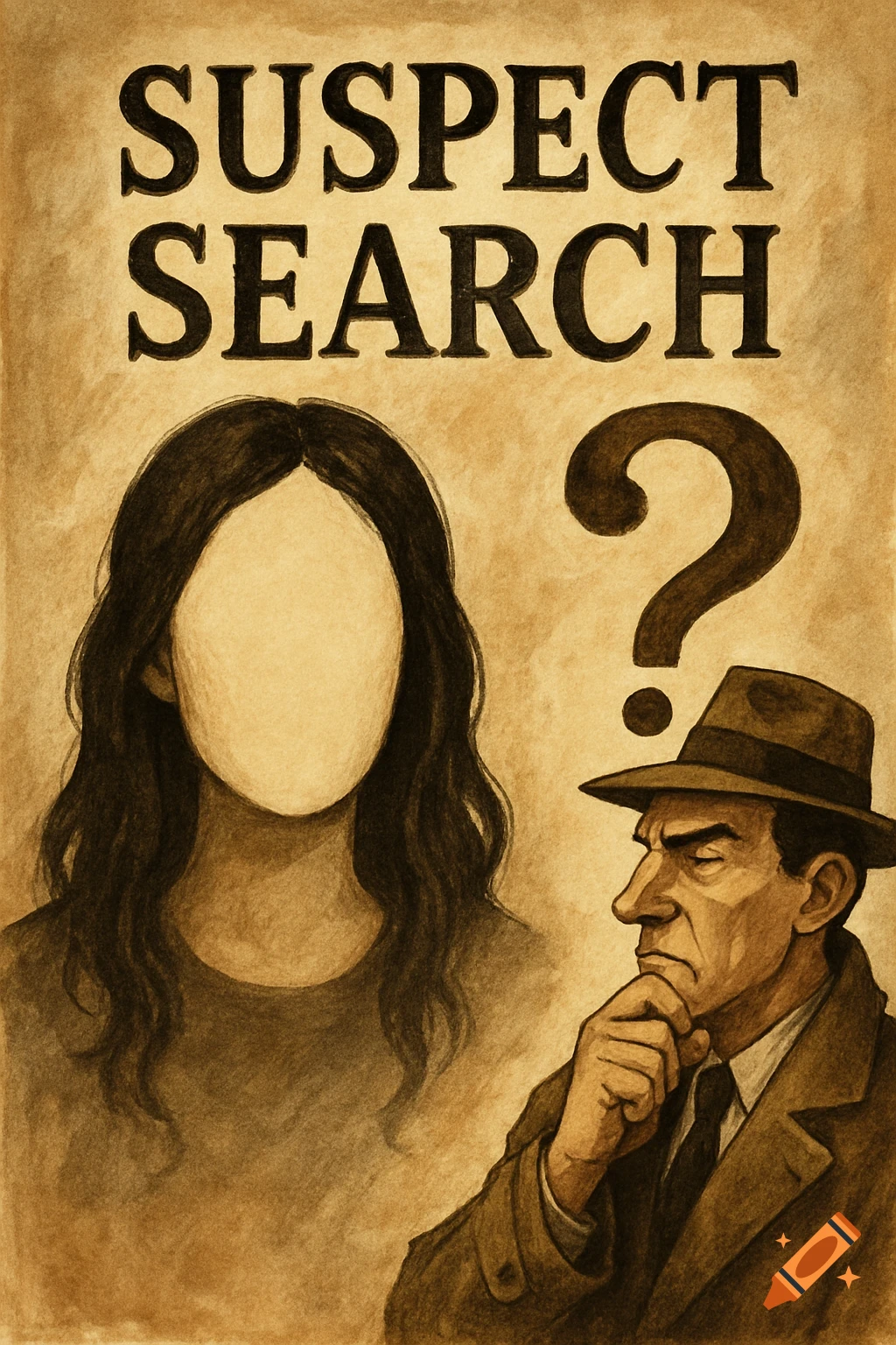 Poster illustration for Suspect Search showing a faceless person and a thinking detective.