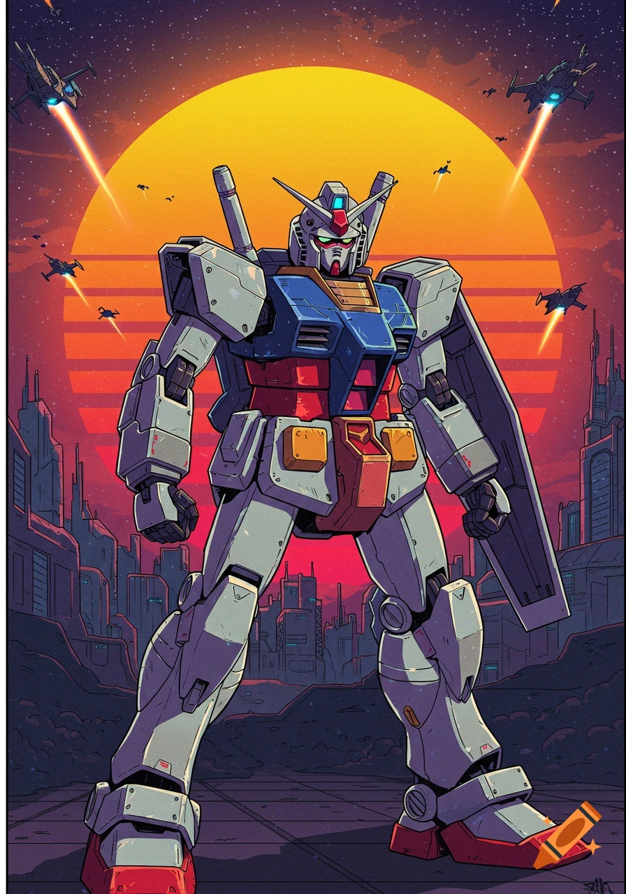 A large Gundam robot stands before a sunset in a retro-style city with flying spaceships.