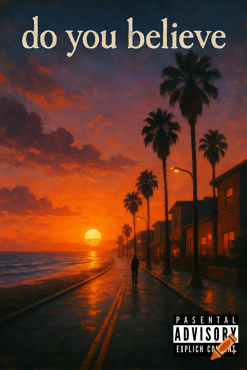 An album cover featuring the text 'do you believe' and depicting a person walking on a street alongside a beach at sunset.