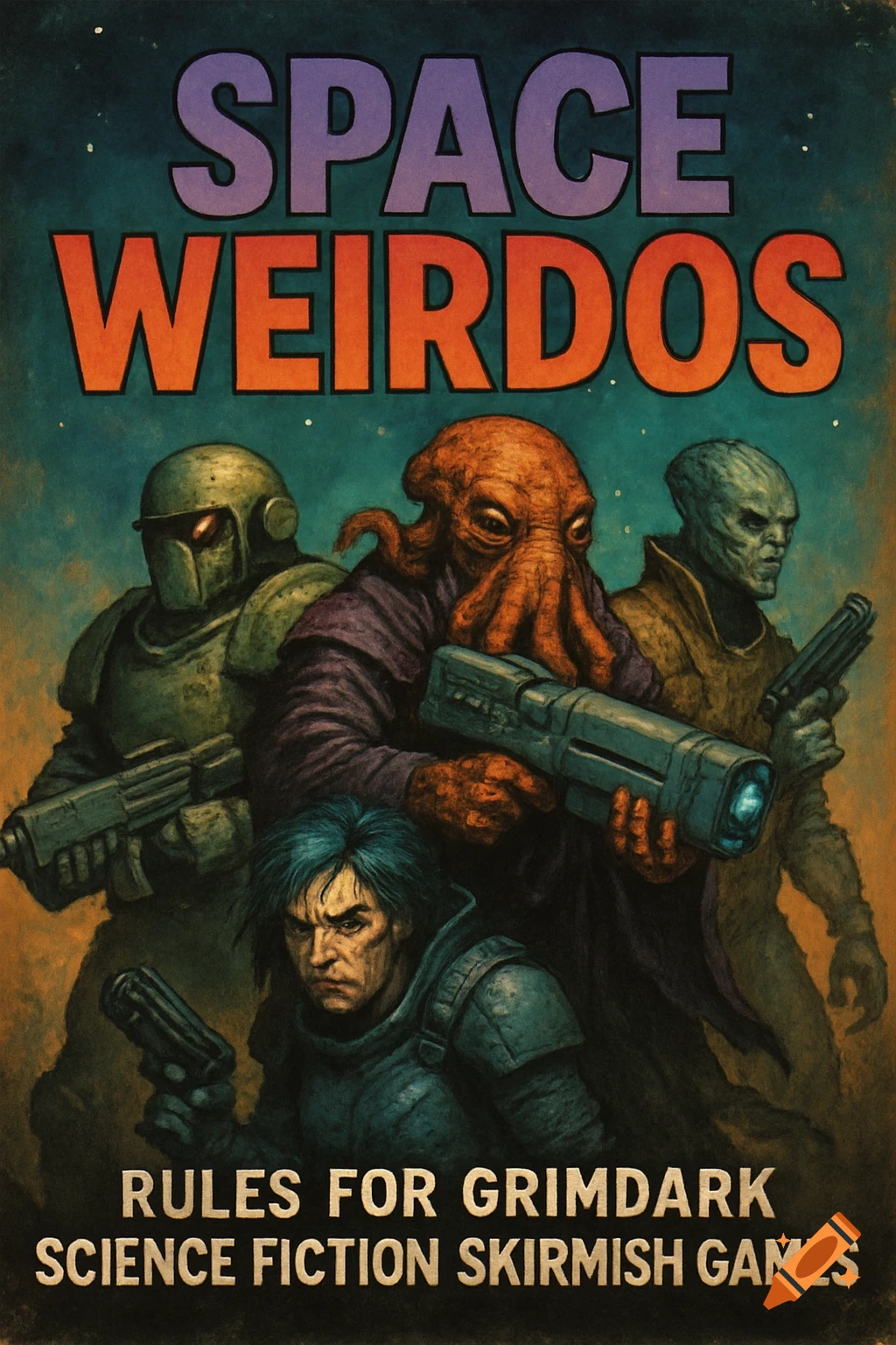 A book cover titled "Space Weirdos" featuring a group of alien and armored human characters with guns.