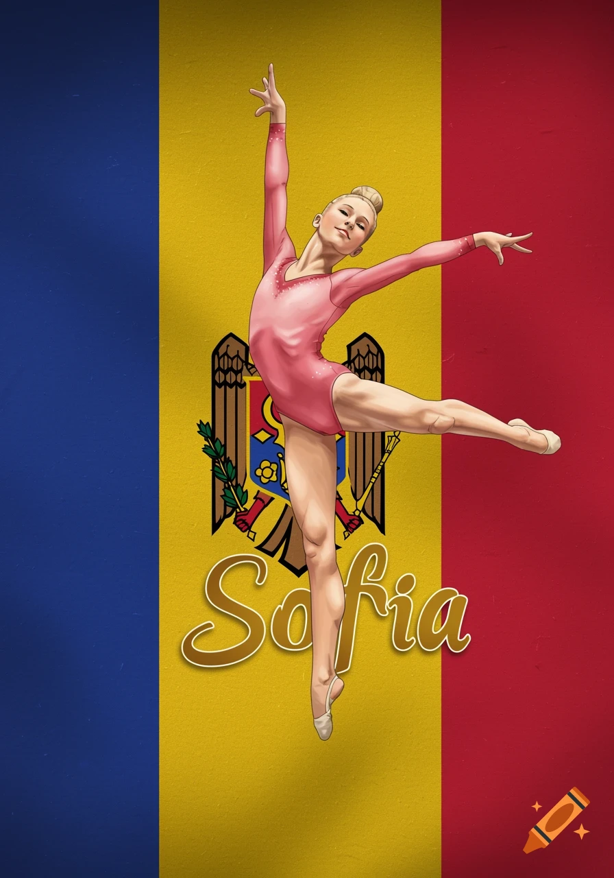 A young blonde gymnast poses in a pink leotard against the Moldovan flag with 'Sofia' written in gold text.