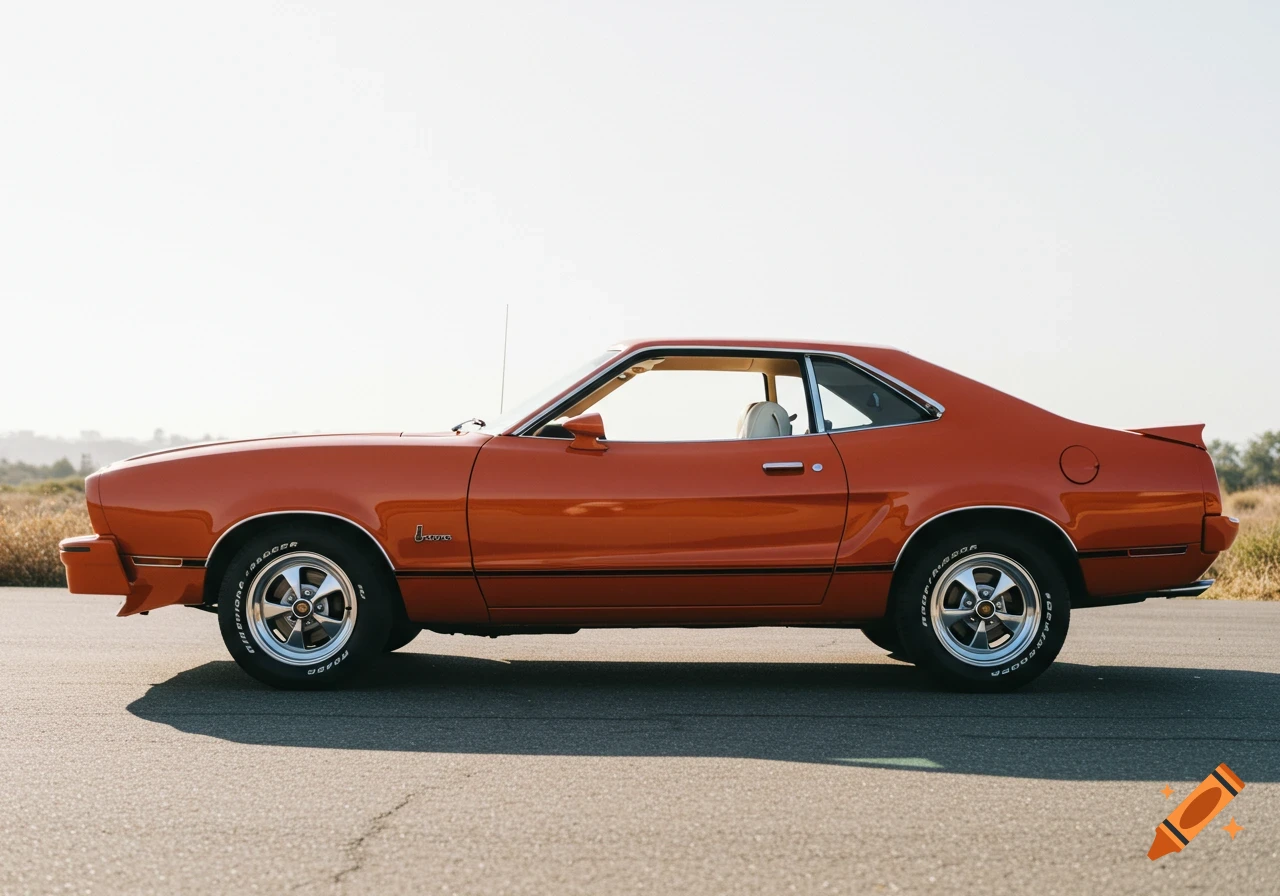 Orange vintage Ford Mustang coupe on a road