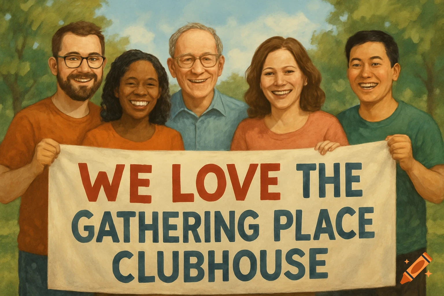 A diverse group of people holding a banner that reads 'WE LOVE THE GATHERING PLACE CLUBHOUSE'.