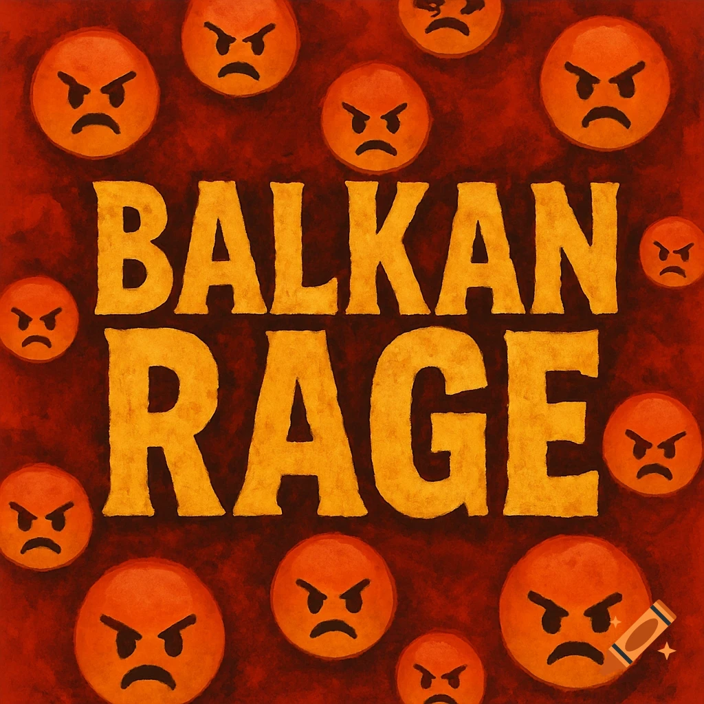 Text 'BALKAN RAGE' surrounded by angry orange emojis on a red background.